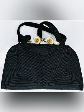 Vintage Black Corde Purse 40s/50s Floral Kiss Clasp Small Evening Bag
